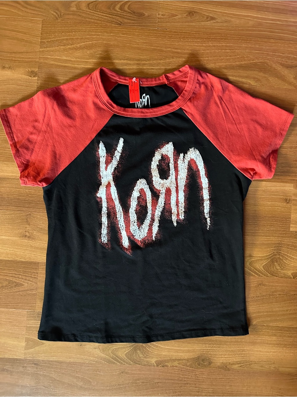 Hot Topic Black and Red Raglan Korn Tee with White Graphic